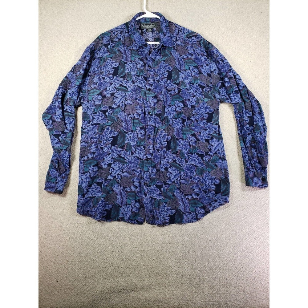 Shah Safari Shirt Womens XL Blue Floral Long Sleeve Button Up Collar Lightweight